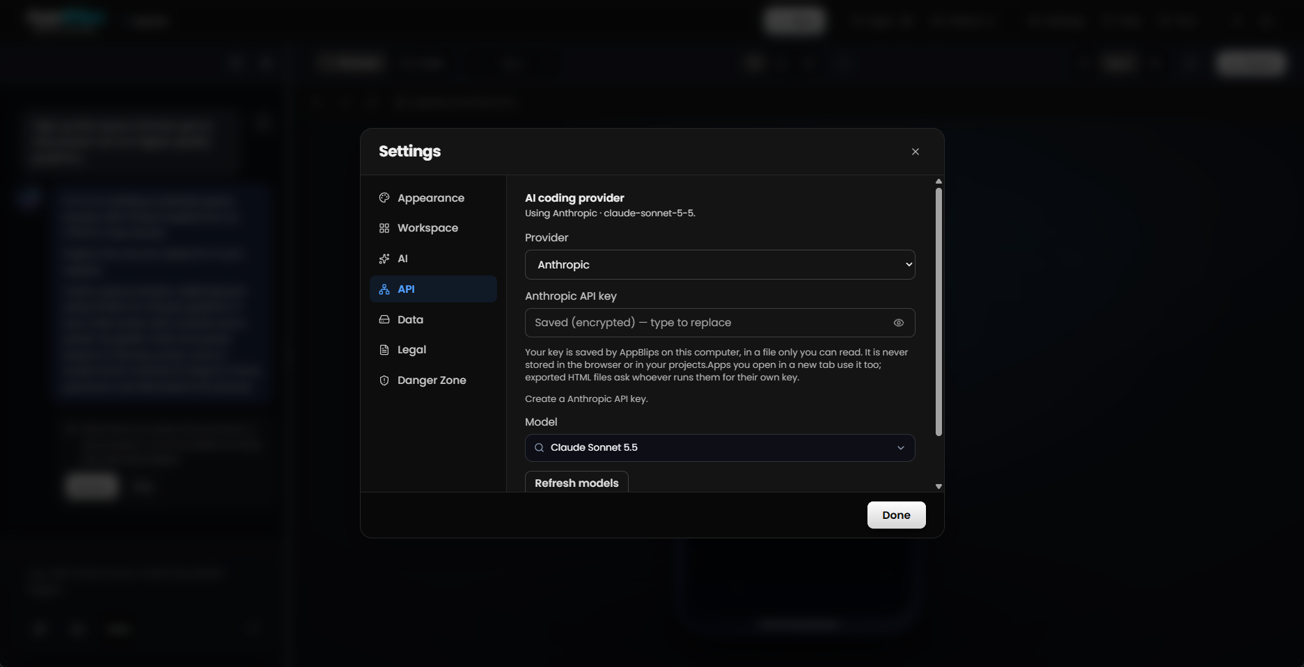 AppBlips developer settings showing Anthropic Claude Sonnet 5.5 model configuration with local keychain encryption