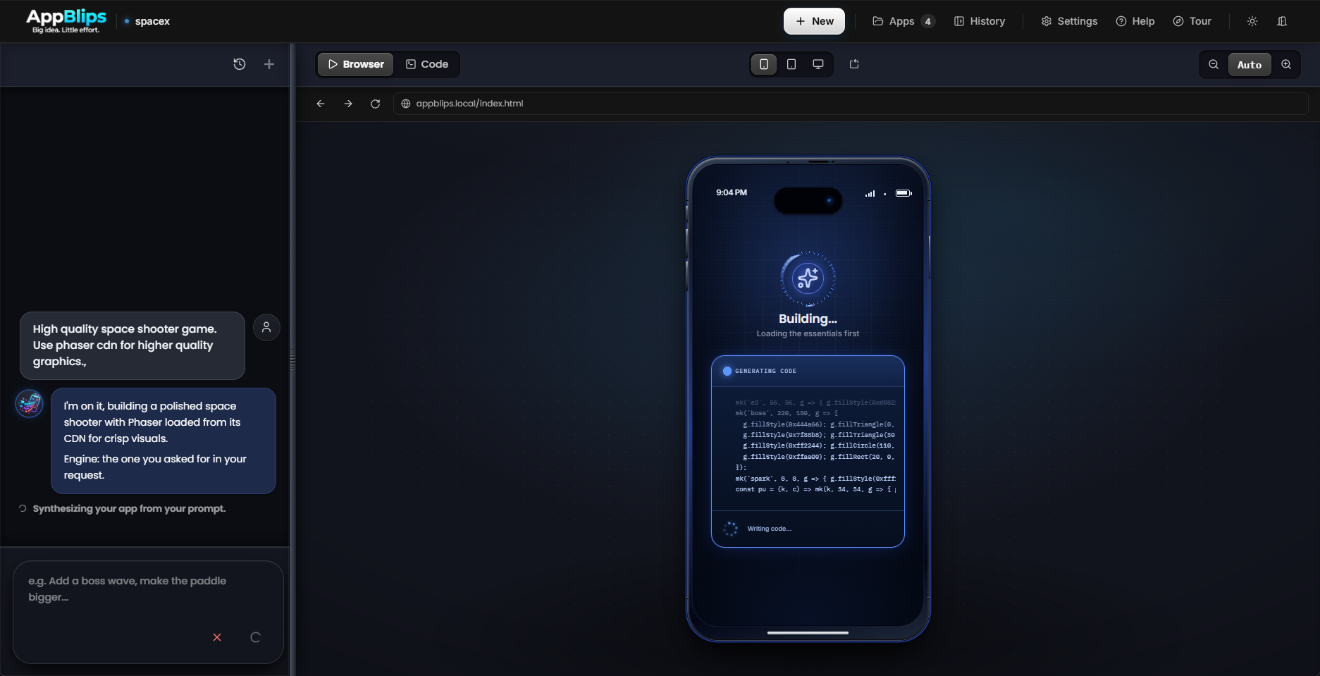 Text to app compilation in AppBlips showing user prompt in the left chat and live streaming code in the mobile preview