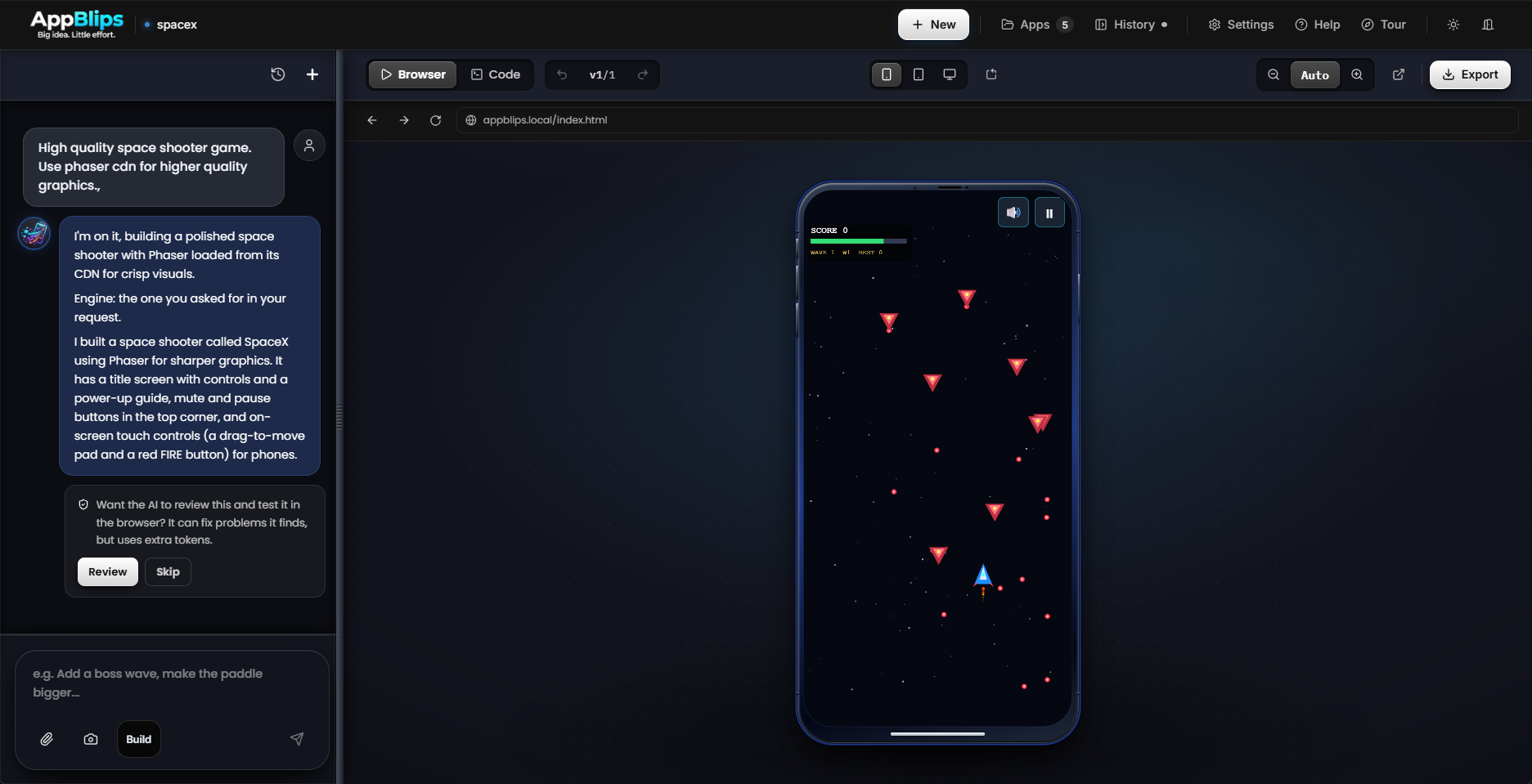 AppBlips coding environment executing a full Phaser space shooter in real time sandbox