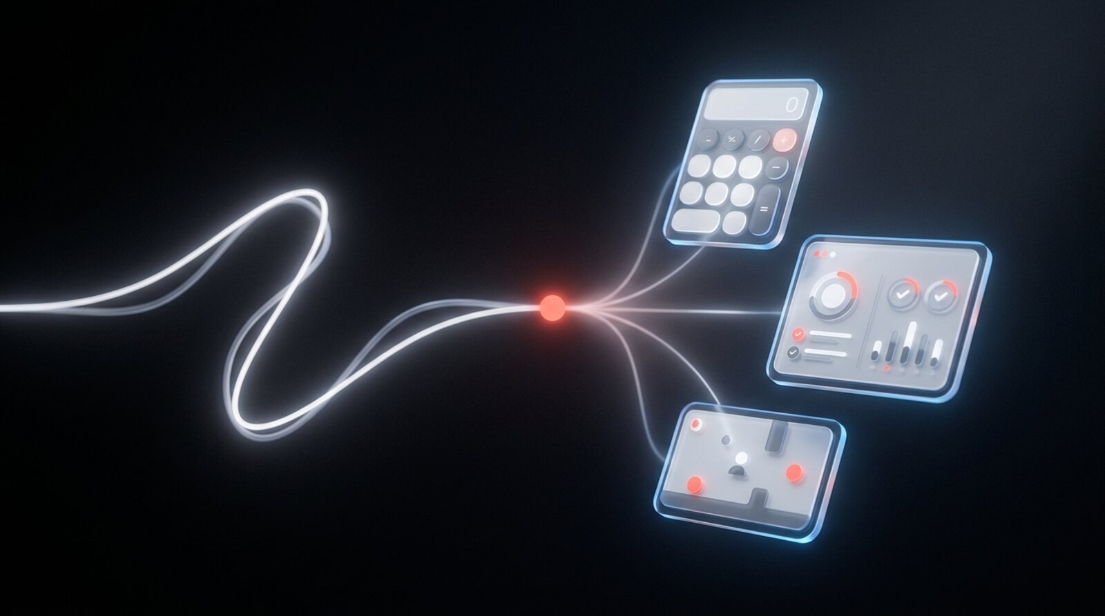 A glowing line of plain-English prompt light branching into a calculator, a habit tracker dashboard and a small game, floating as glass app windows