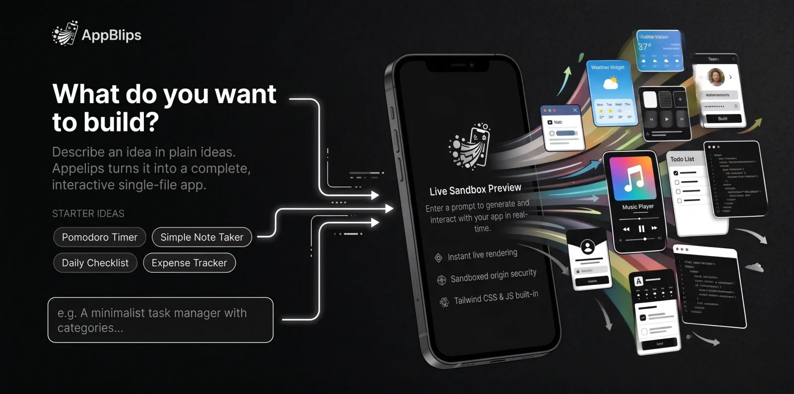 AppBlips Workspace interface featuring a single prompt box on the left and instant live sandboxed preview on the right